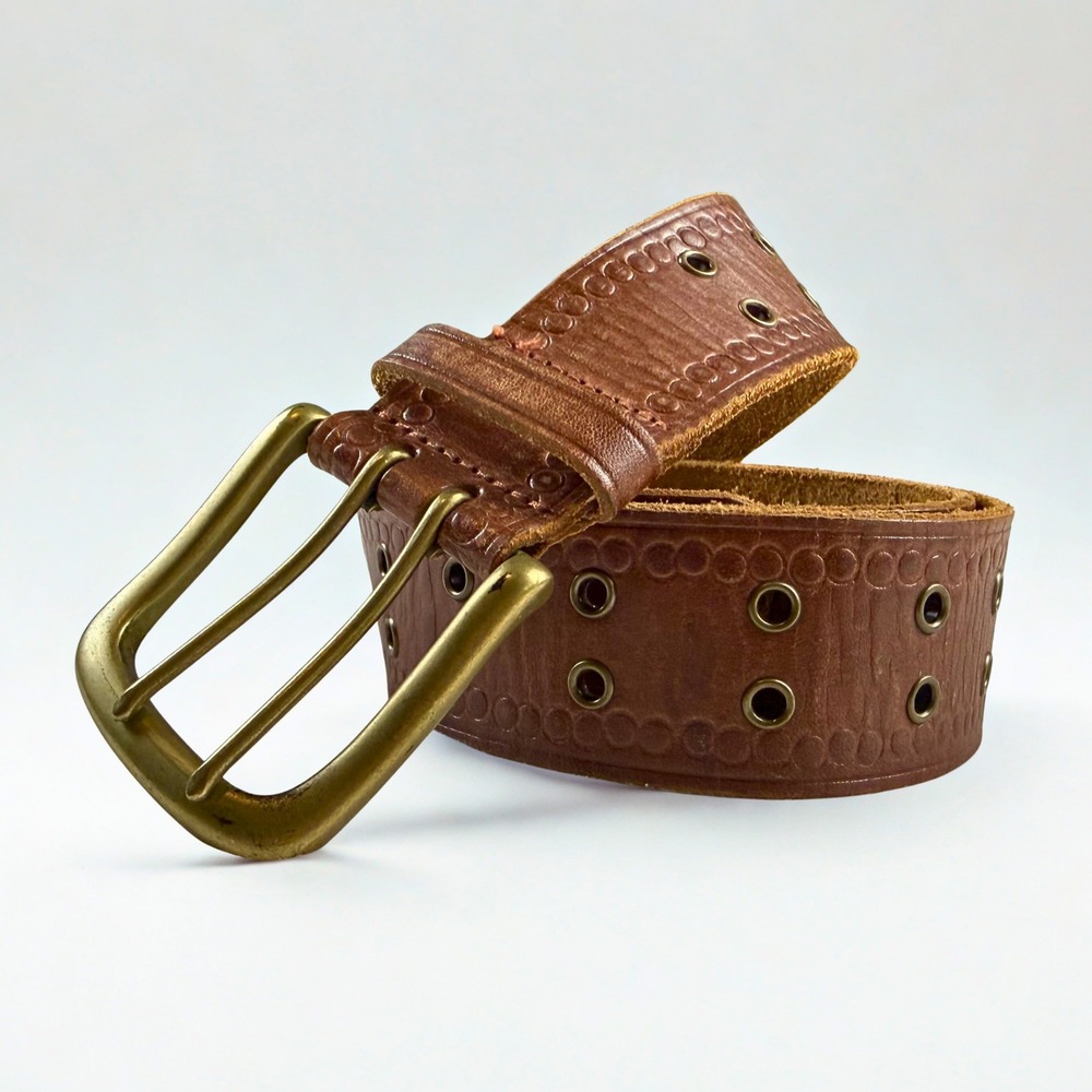 VTG Y2K American Eagle Belt Mens M Brown Leather Solid Brass Double Grommet Boho